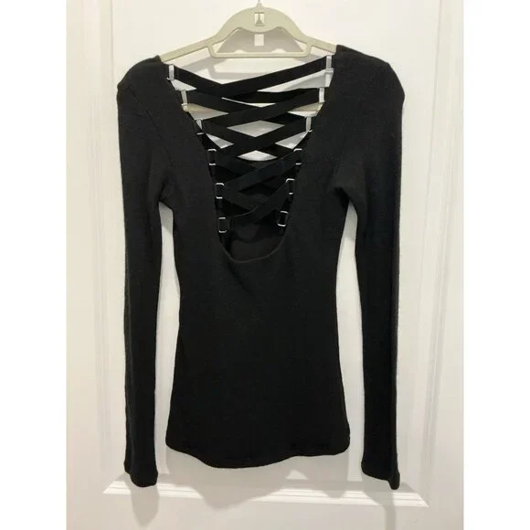 Sky Brand Sweater Small Black Suede Feel Cross Cross Straps On Back NWT - Picture 4 of 8